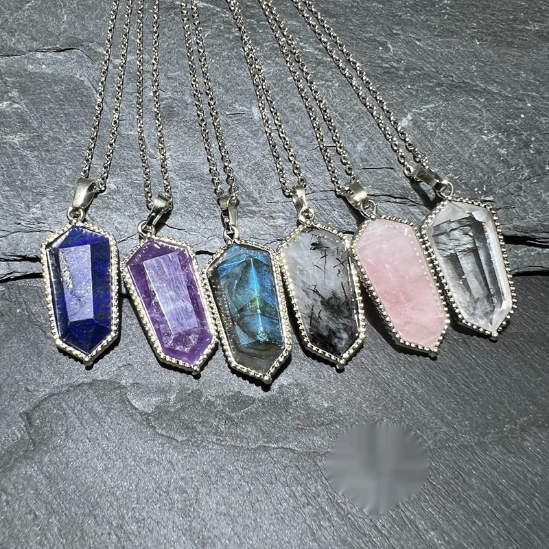 Natural Hexagonal Crystal Shield Necklace, Bezel Set Gemstone Point Pendant, Lapis Amethyst Labradorite Rose Quartz Jewelry, Healing Stone Protection Amulet, Spiritual Gift