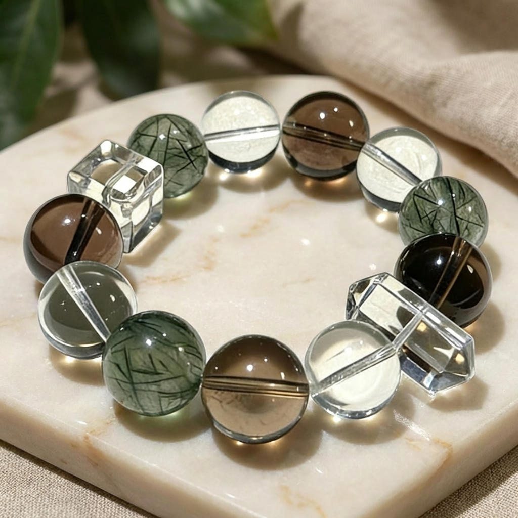 14mm Large Natural Green Rutilated Quartz Bracelet, Clear Quartz & Smoky Quartz Crystal Healing Jewelry, Wealth & Luck Talisman, Double Pointed Crystal