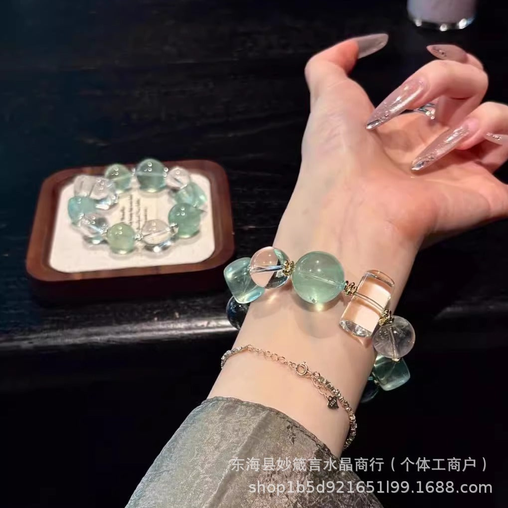Natural White Quartz & Green Fluorite Crystal Bracelet for Wealth & Good Luck, Healing Gemstone Beads Jewelry for Women & Men, Handmade Spiritual Energy Gift for Girlfriend or Bestie