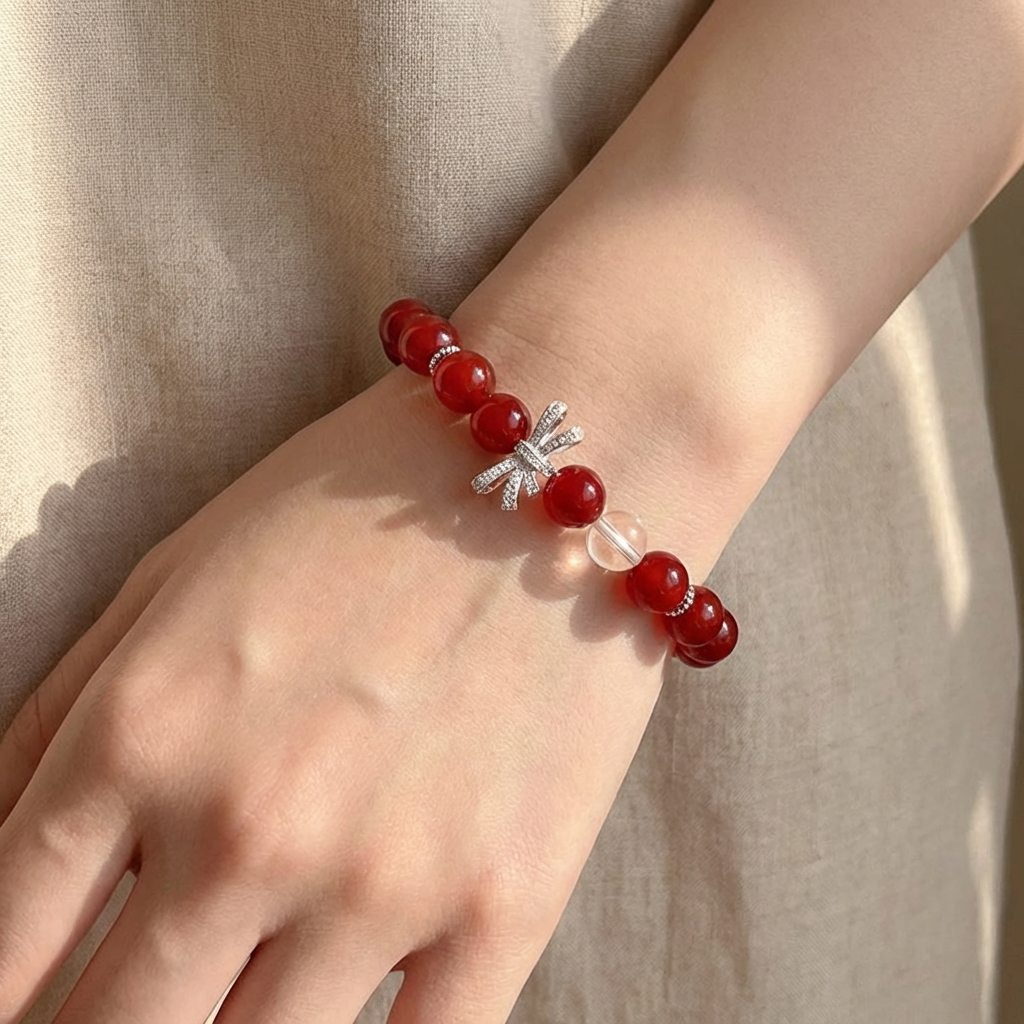 Authentic Red Agate Bracelet, Natural Clear Quartz & Pearl Aesthetic Wristlet, Root Chakra Healing Stone, Gift for Women, Spiritual Protection Talisman
