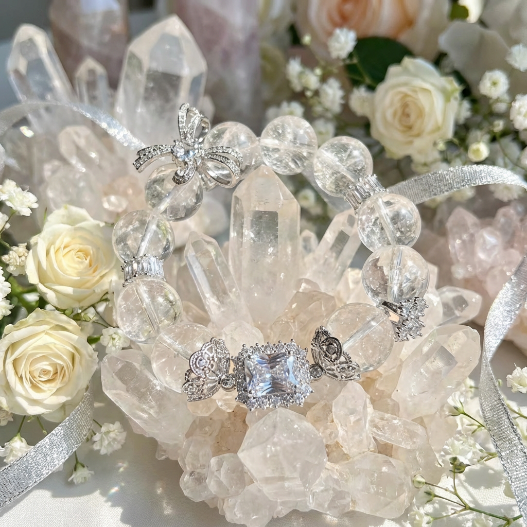 14mm-Natural White Azerite Azeztulite Clear Quartz Bracelet for Women, Aesthetic Butterfly Charm Healing Crystal, Spiritual Awakening & Light Luxury Gift