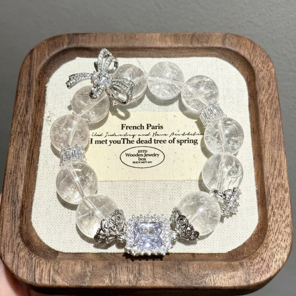 14mm-Natural White Azerite Azeztulite Clear Quartz Bracelet for Women, Aesthetic Butterfly Charm Healing Crystal, Spiritual Awakening & Light Luxury Gift