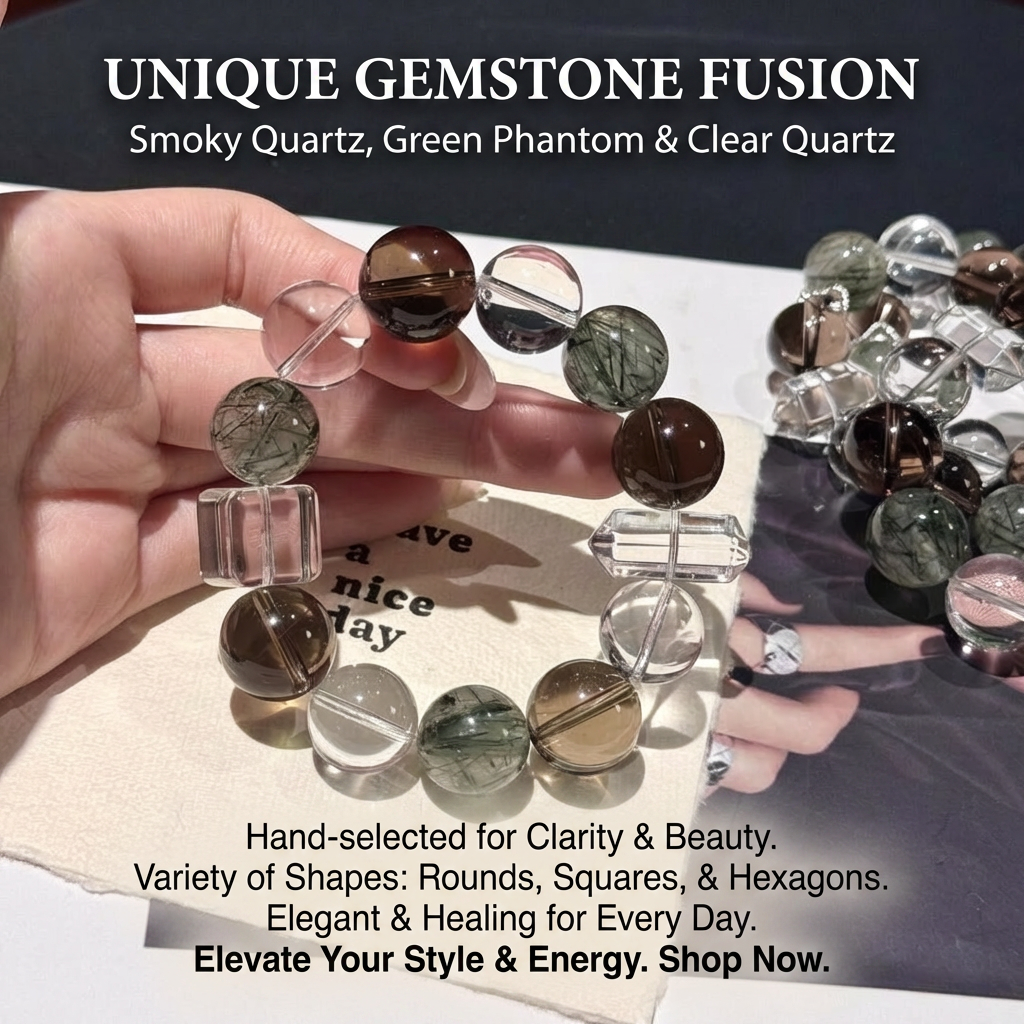 14mm Large Natural Green Rutilated Quartz Bracelet, Clear Quartz & Smoky Quartz Crystal Healing Jewelry, Wealth & Luck Talisman, Double Pointed Crystal