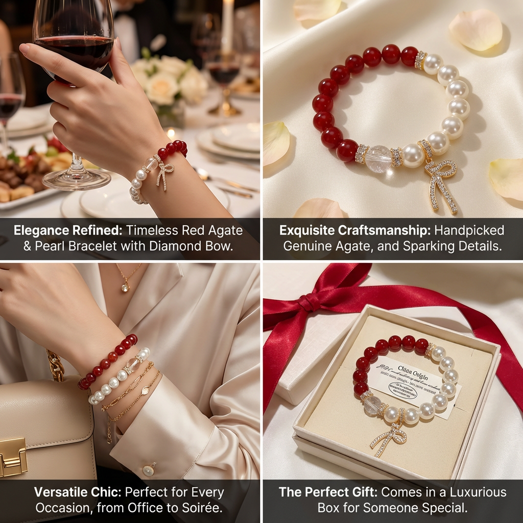 Authentic Red Agate Bracelet, Natural Clear Quartz & Pearl Aesthetic Wristlet, Root Chakra Healing Stone, Gift for Women, Spiritual Protection Talisman