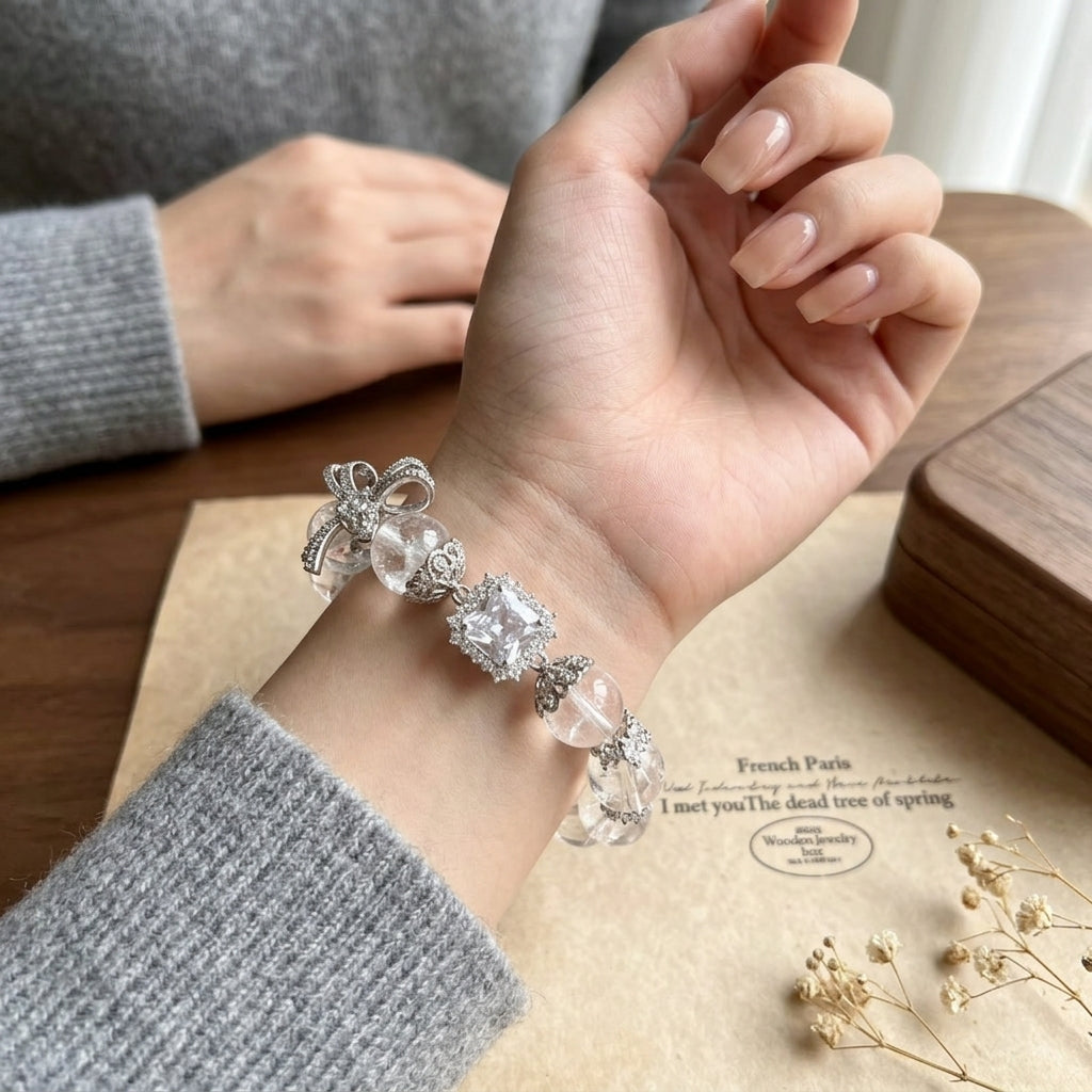 14mm-Natural White Azerite Azeztulite Clear Quartz Bracelet for Women, Aesthetic Butterfly Charm Healing Crystal, Spiritual Awakening & Light Luxury Gift