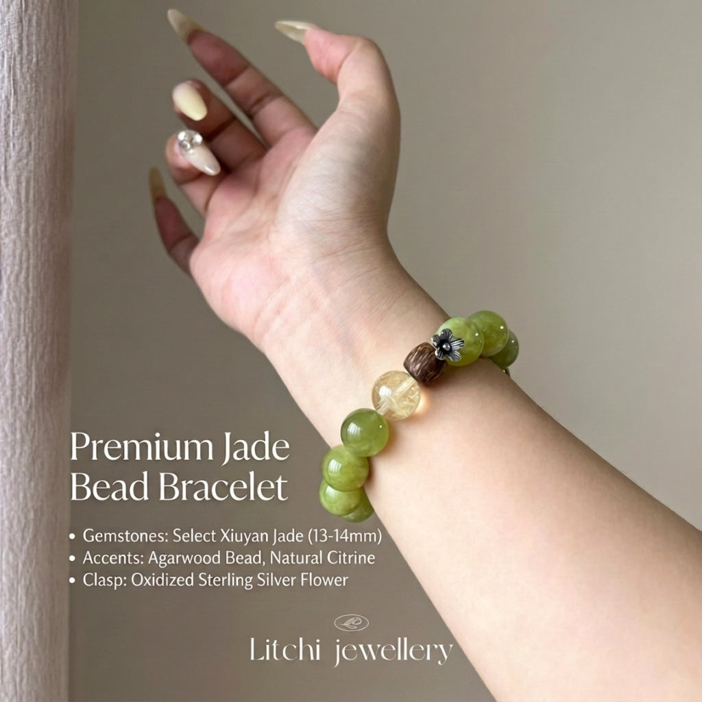 14mm Green Xiuyan Jade Crystal Bracelet, Natural Lemon Quartz & Scented Agarwood Healing Jewelry, Abundance & Stress Relief Talisman for Women