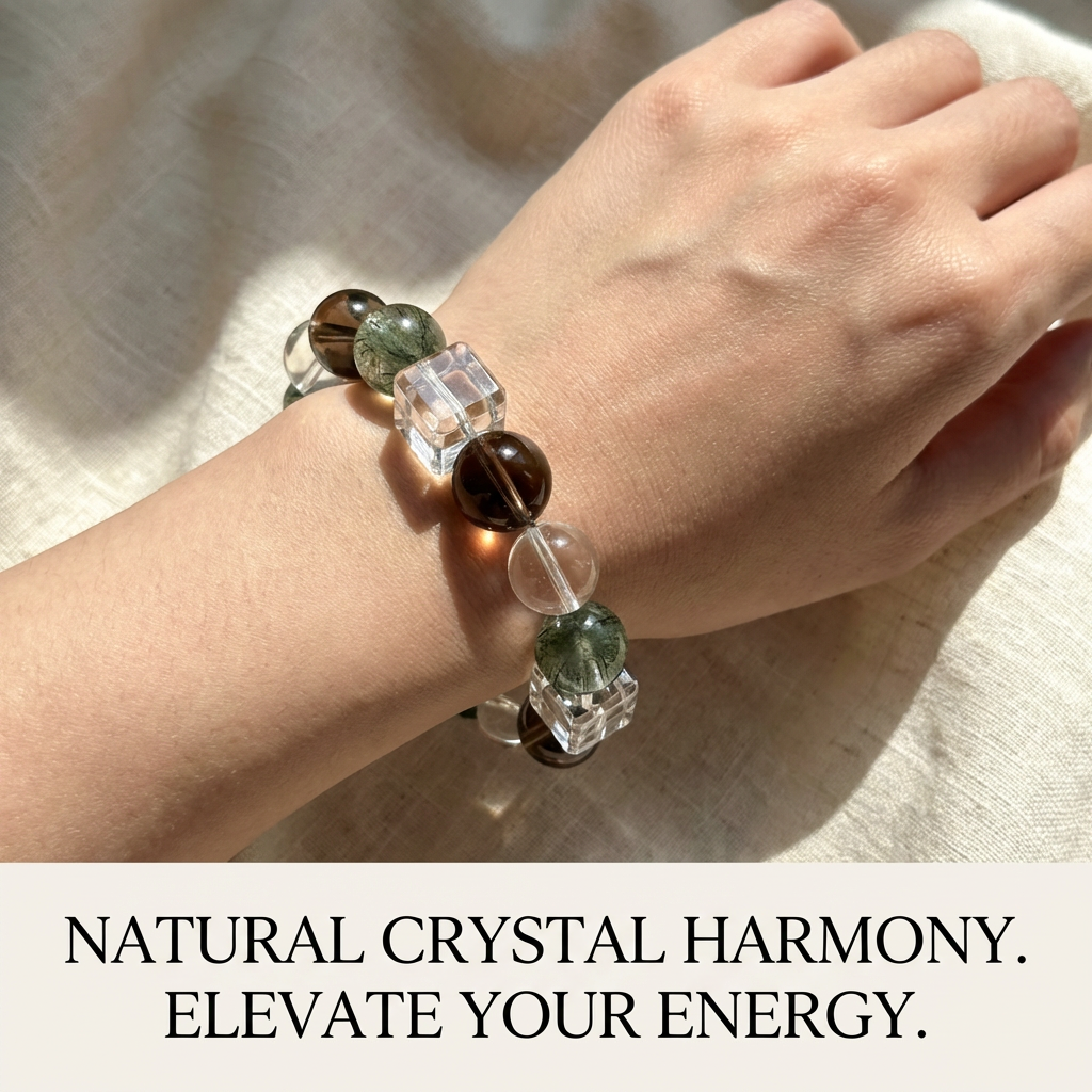 14mm Large Natural Green Rutilated Quartz Bracelet, Clear Quartz & Smoky Quartz Crystal Healing Jewelry, Wealth & Luck Talisman, Double Pointed Crystal