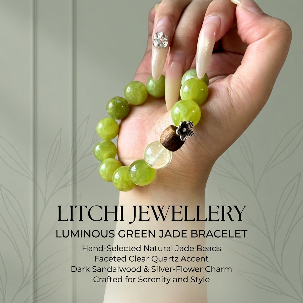 14mm Green Xiuyan Jade Crystal Bracelet, Natural Lemon Quartz & Scented Agarwood Healing Jewelry, Abundance & Stress Relief Talisman for Women