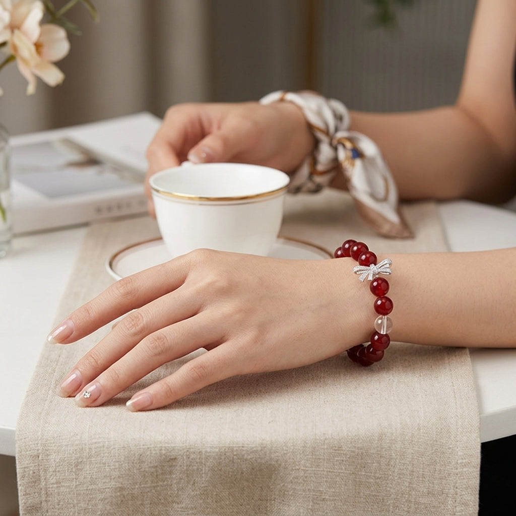 Authentic Red Agate Bracelet, Natural Clear Quartz & Pearl Aesthetic Wristlet, Root Chakra Healing Stone, Gift for Women, Spiritual Protection Talisman