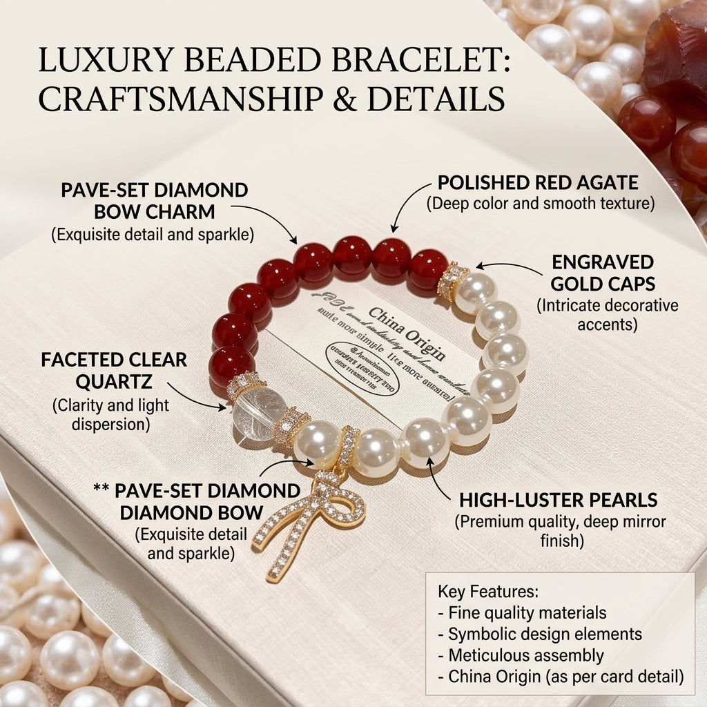 Authentic Red Agate Bracelet, Natural Clear Quartz & Pearl Aesthetic Wristlet, Root Chakra Healing Stone, Gift for Women, Spiritual Protection Talisman