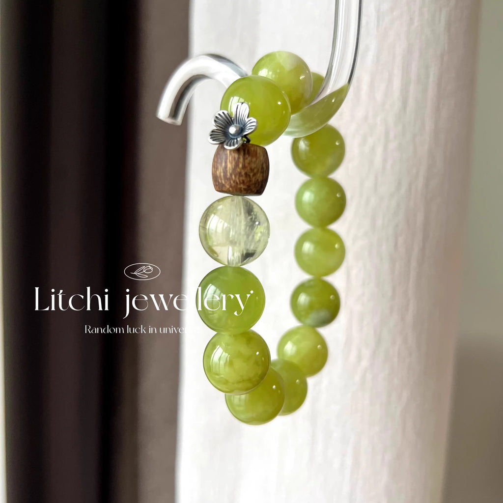 14mm Green Xiuyan Jade Crystal Bracelet, Natural Lemon Quartz & Scented Agarwood Healing Jewelry, Abundance & Stress Relief Talisman for Women