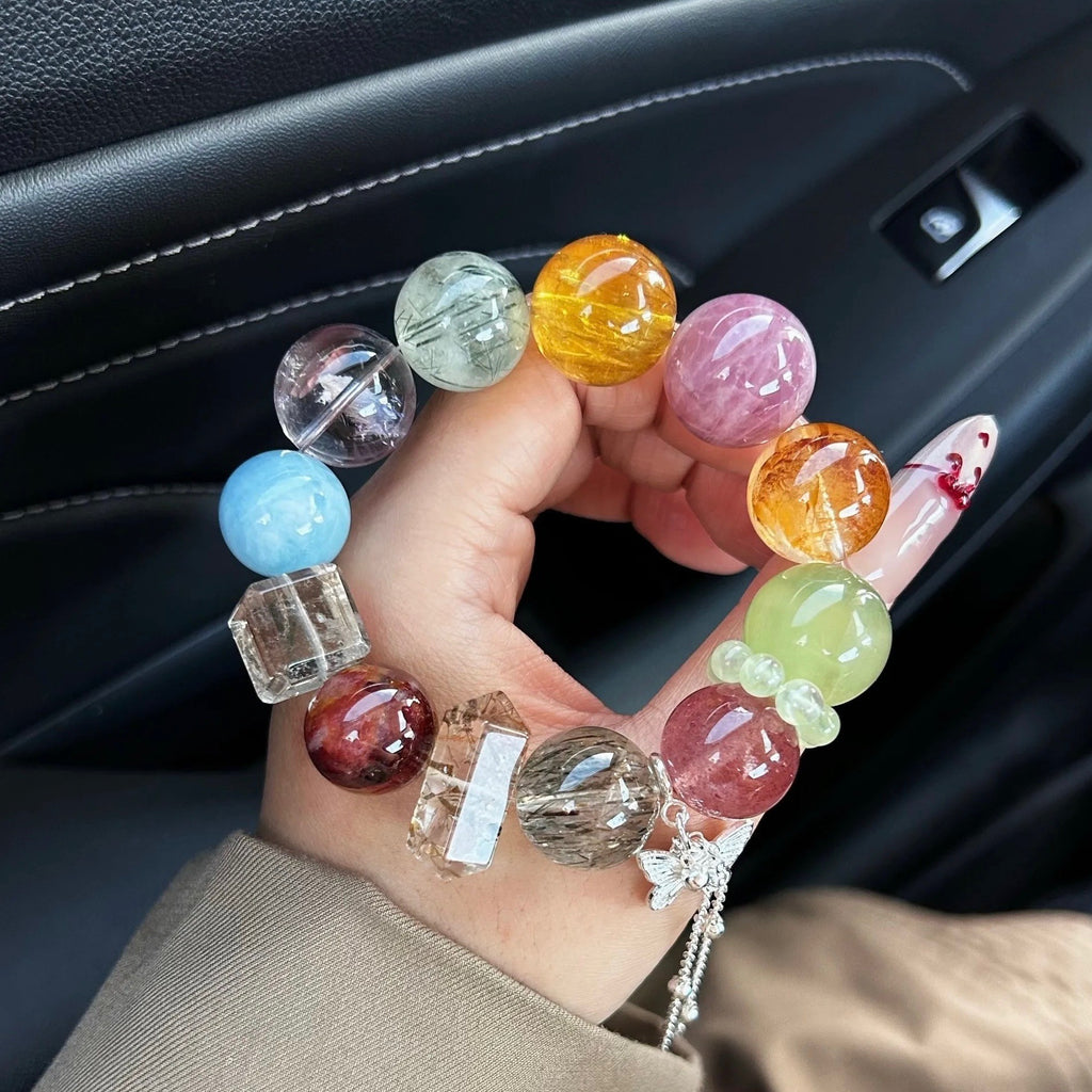 16mm Oversized Natural Multi-Gemstone & Rutilated Quartz Bracelet