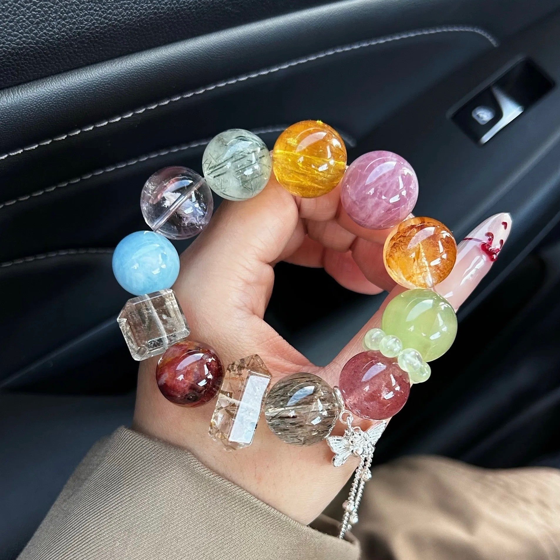 16mm Oversized Natural Multi-Gemstone & Rutilated Quartz Bracelet