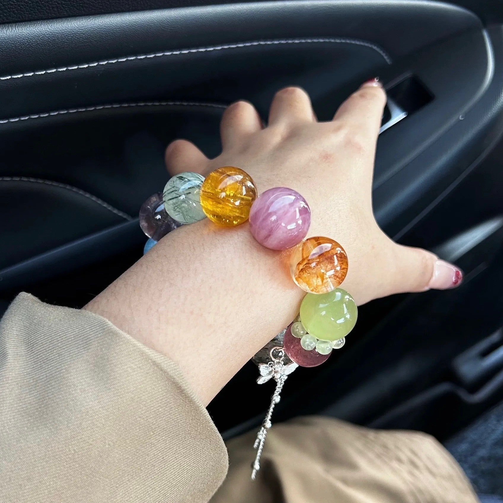 16mm Oversized Natural Multi-Gemstone & Rutilated Quartz Bracelet