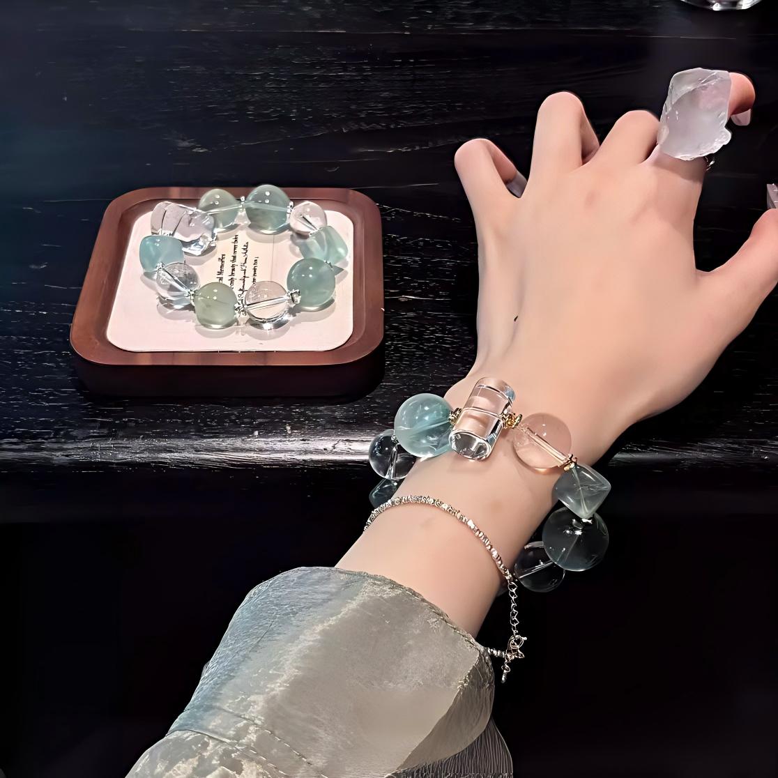 Natural White Quartz & Green Fluorite Crystal Bracelet for Wealth & Good Luck, Healing Gemstone Beads Jewelry for Women & Men, Handmade Spiritual Energy Gift for Girlfriend or Bestie