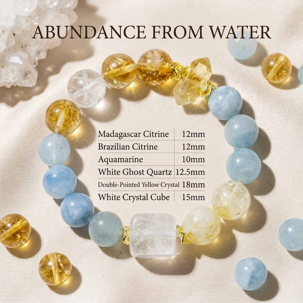 "The Prosperity Flow" – Natural Citrine, Aquamarine & White Phantom Quartz Healing Bracelet