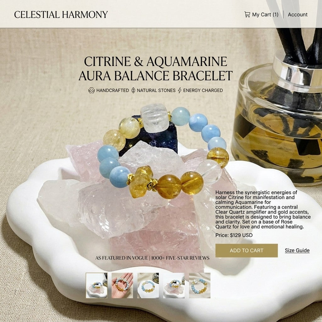 "The Prosperity Flow" – Natural Citrine, Aquamarine & White Phantom Quartz Healing Bracelet