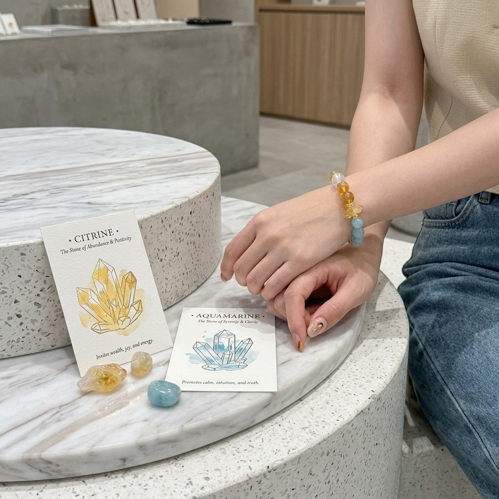 "The Prosperity Flow" – Natural Citrine, Aquamarine & White Phantom Quartz Healing Bracelet