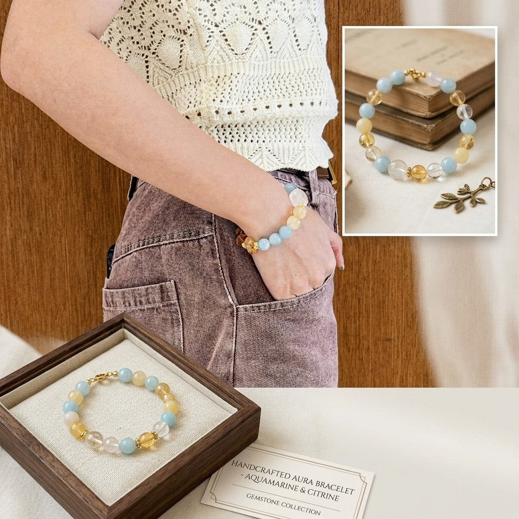 "The Prosperity Flow" – Natural Citrine, Aquamarine & White Phantom Quartz Healing Bracelet