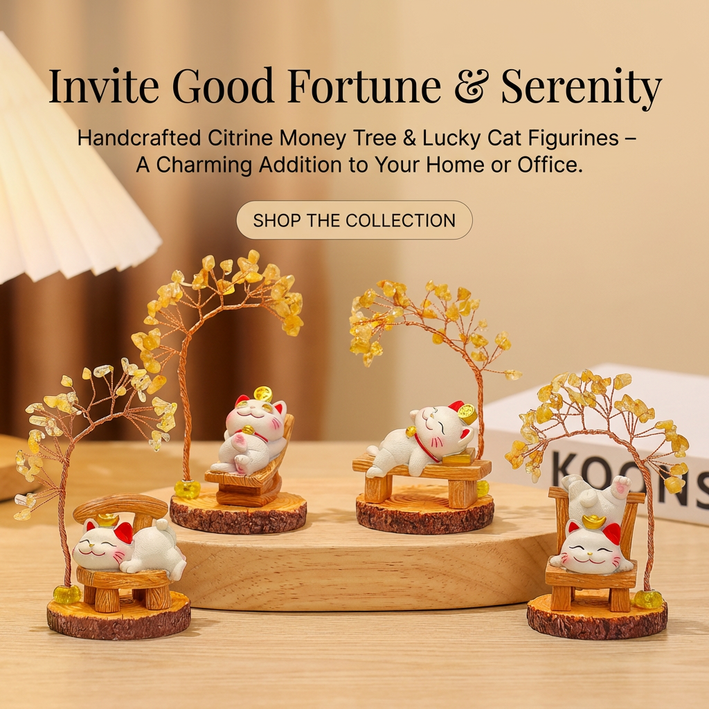 Mini Citrine Crystal Tree with Cute Lucky Cat Statue | Feng Shui Wealth Tree, Healing Gemstone Ornament, New Year Gift, Creative Office Desktop Decor