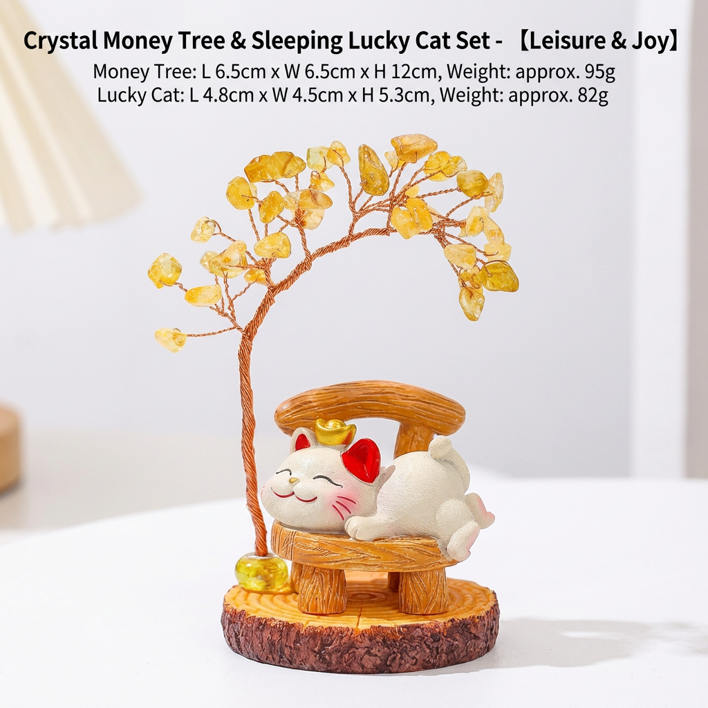 Mini Citrine Crystal Tree with Cute Lucky Cat Statue | Feng Shui Wealth Tree, Healing Gemstone Ornament, New Year Gift, Creative Office Desktop Decor