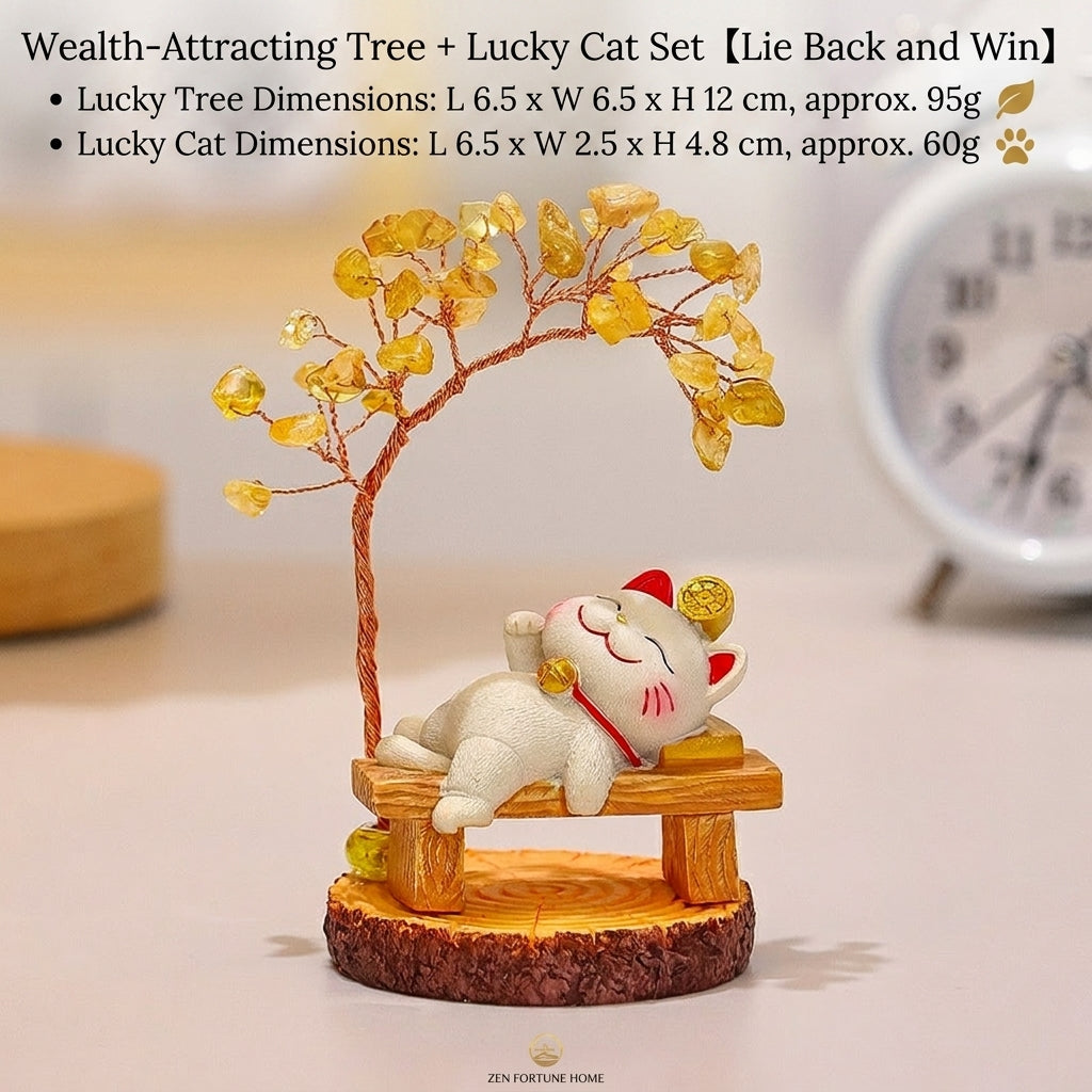 Mini Citrine Crystal Tree with Cute Lucky Cat Statue | Feng Shui Wealth Tree, Healing Gemstone Ornament, New Year Gift, Creative Office Desktop Decor