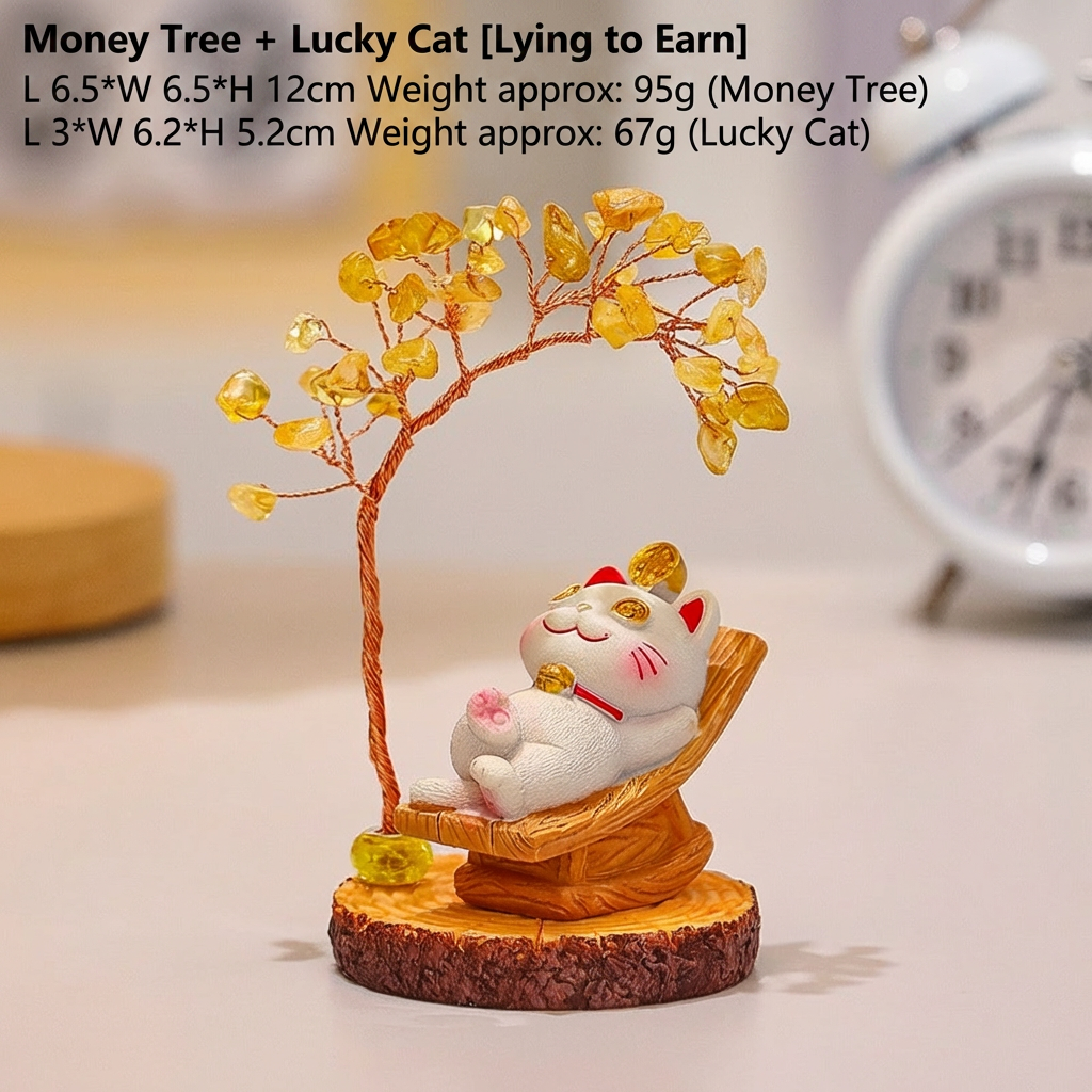 Mini Citrine Crystal Tree with Cute Lucky Cat Statue | Feng Shui Wealth Tree, Healing Gemstone Ornament, New Year Gift, Creative Office Desktop Decor