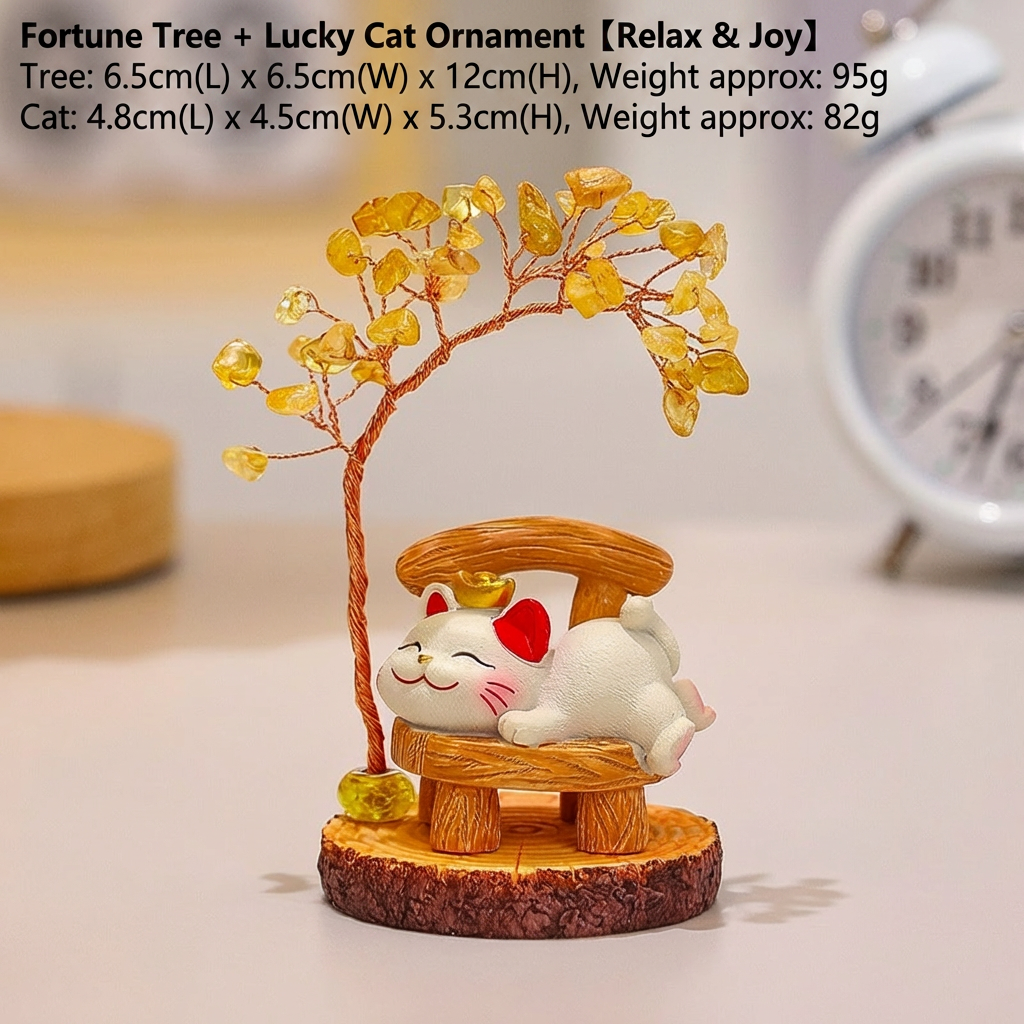 Mini Citrine Crystal Tree with Cute Lucky Cat Statue | Feng Shui Wealth Tree, Healing Gemstone Ornament, New Year Gift, Creative Office Desktop Decor