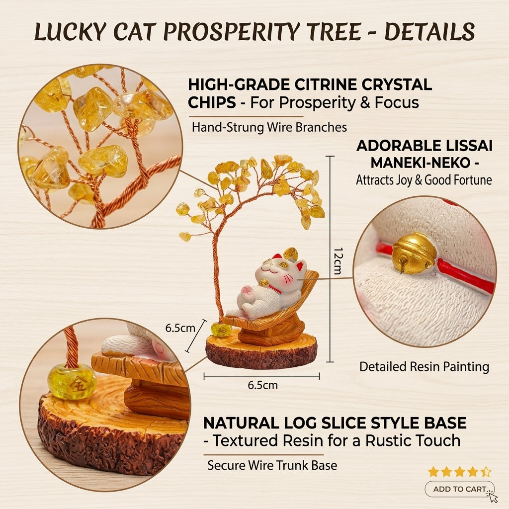 Mini Citrine Crystal Tree with Cute Lucky Cat Statue | Feng Shui Wealth Tree, Healing Gemstone Ornament, New Year Gift, Creative Office Desktop Decor