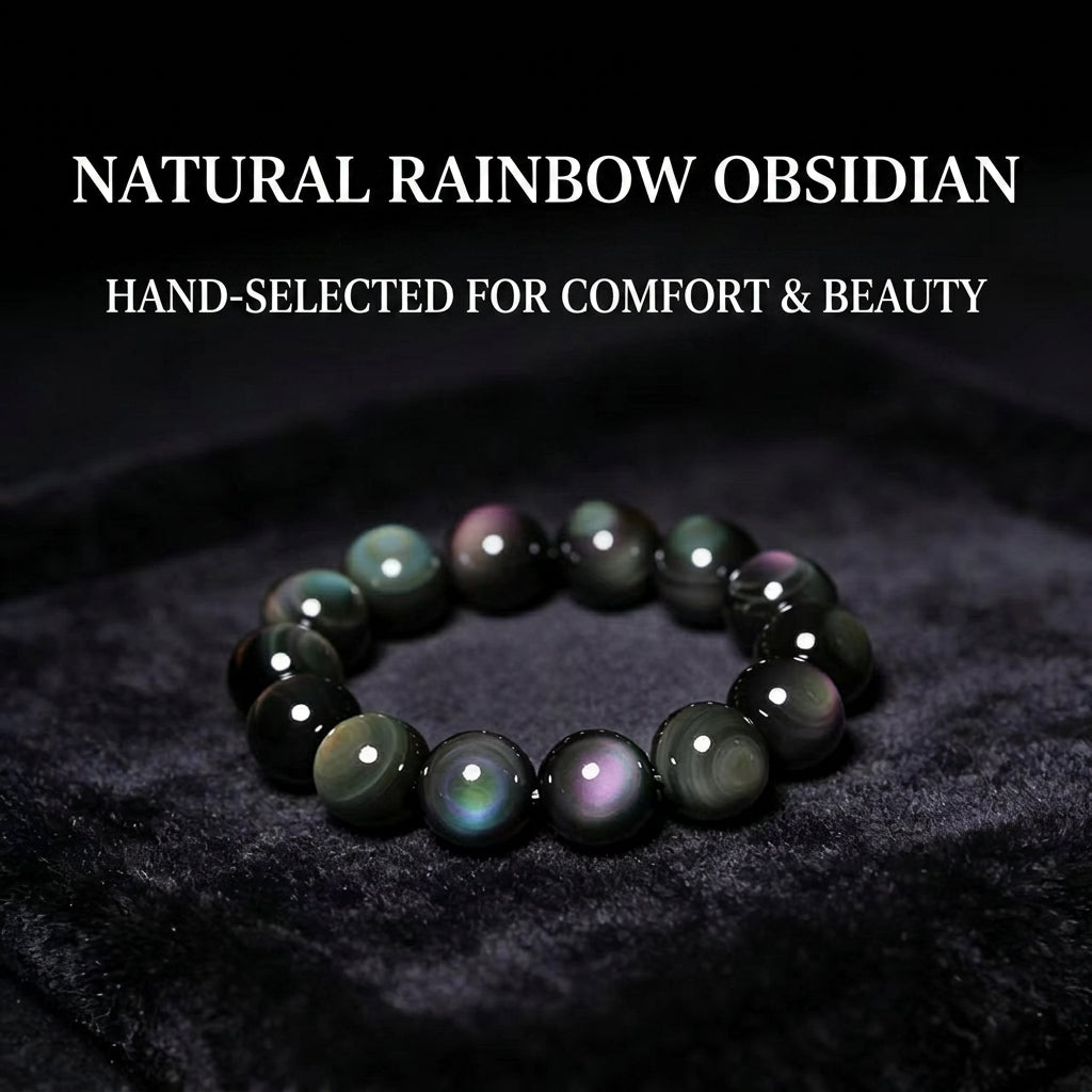 Natural Black Rainbow Eye Obsidian Crystal Bracelet, Healing Gemstone Jewelry for Men & Women, Spiritual Shield, Stress Relief & Protection Talisman