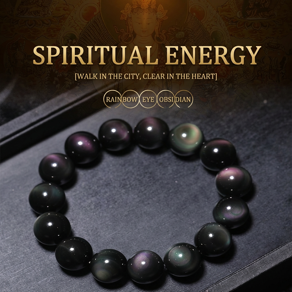 Natural Black Rainbow Eye Obsidian Crystal Bracelet, Healing Gemstone Jewelry for Men & Women, Spiritual Shield, Stress Relief & Protection Talisman