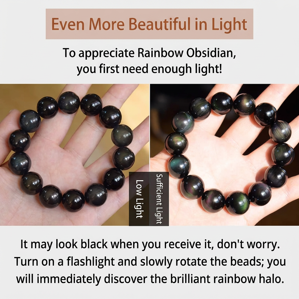 Natural Black Rainbow Eye Obsidian Crystal Bracelet, Healing Gemstone Jewelry for Men & Women, Spiritual Shield, Stress Relief & Protection Talisman