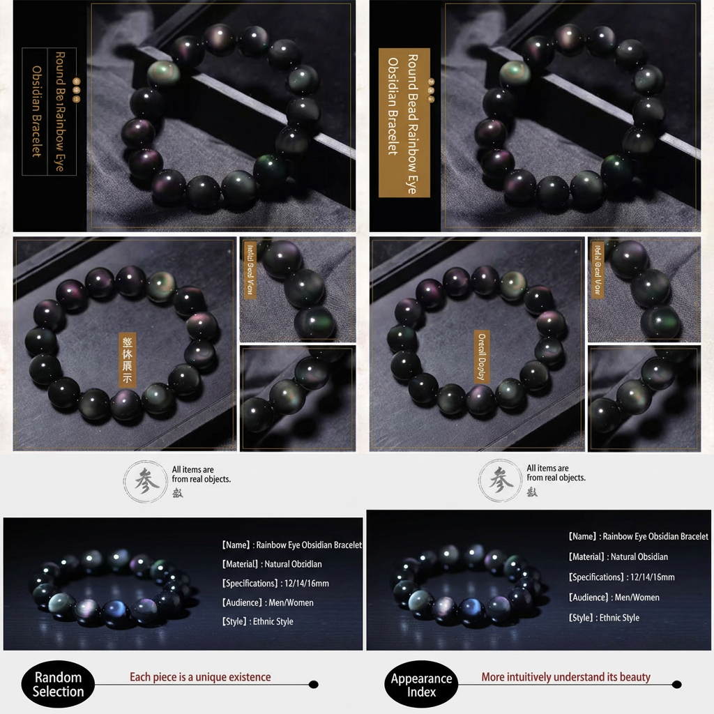 Natural Black Rainbow Eye Obsidian Crystal Bracelet, Healing Gemstone Jewelry for Men & Women, Spiritual Shield, Stress Relief & Protection Talisman