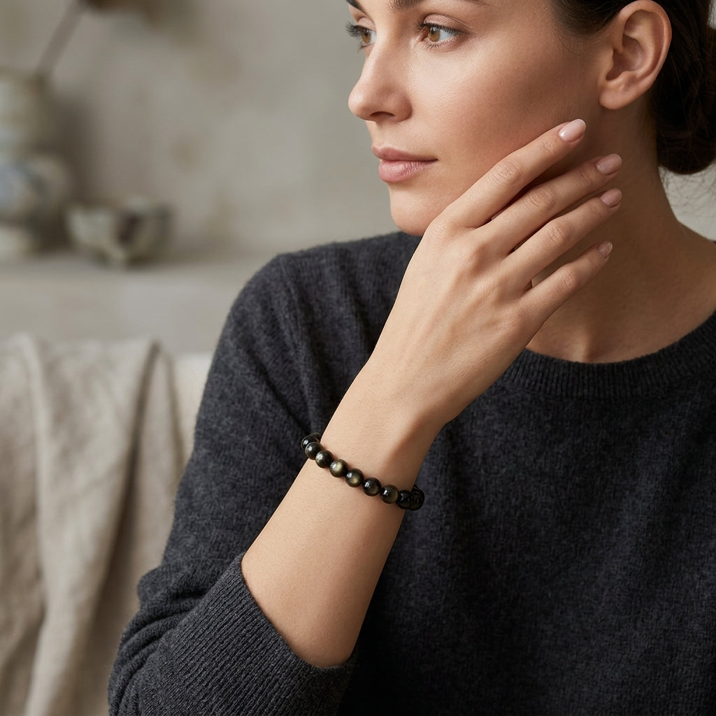 Natural Black Rainbow Eye Obsidian Crystal Bracelet, Healing Gemstone Jewelry for Men & Women, Spiritual Shield, Stress Relief & Protection Talisman