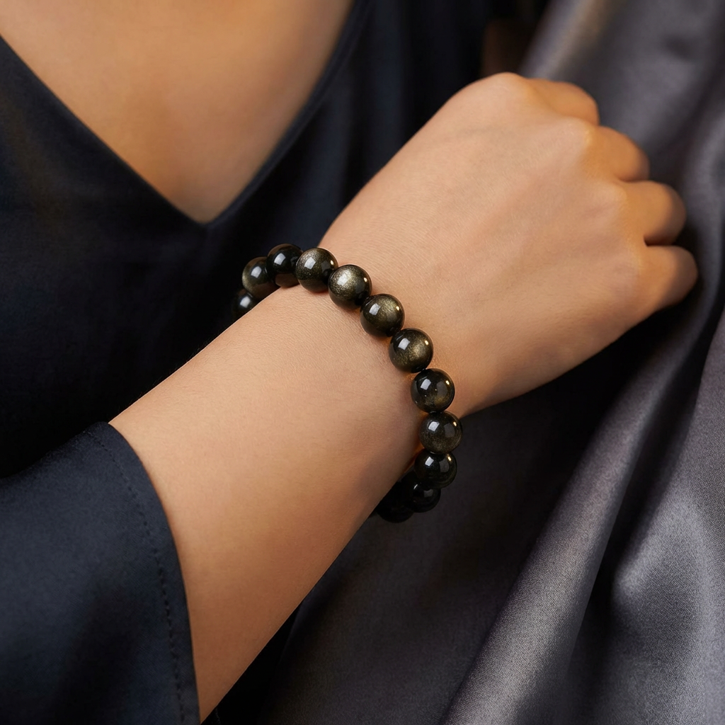 Natural Black Rainbow Eye Obsidian Crystal Bracelet, Healing Gemstone Jewelry for Men & Women, Spiritual Shield, Stress Relief & Protection Talisman