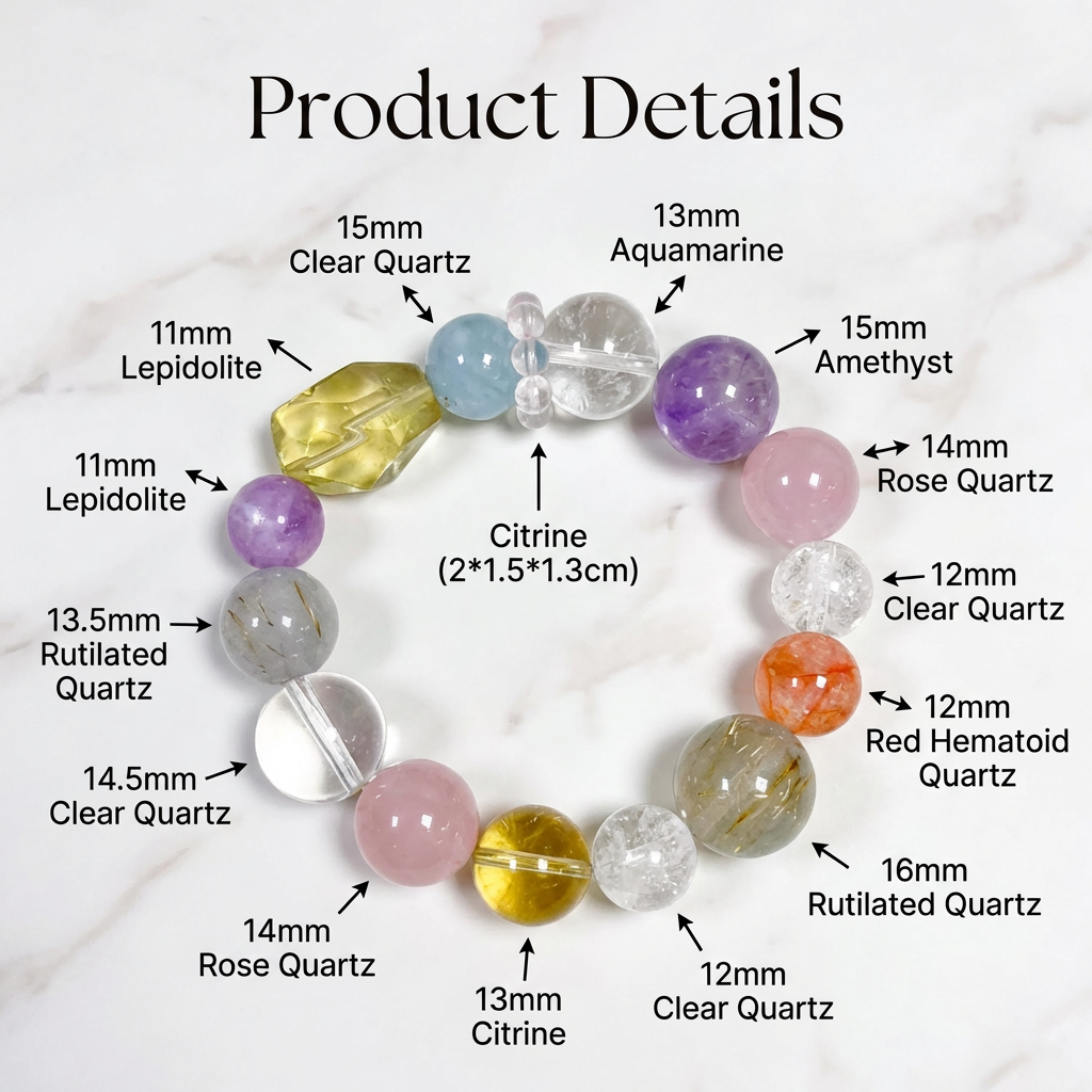 Natural Dopamine Colorful Crystal Bracelet, Chunky Healing Gemstone Jewelry, Citrine Rutilated Clear Quartz 7 Chakra Energy Stone