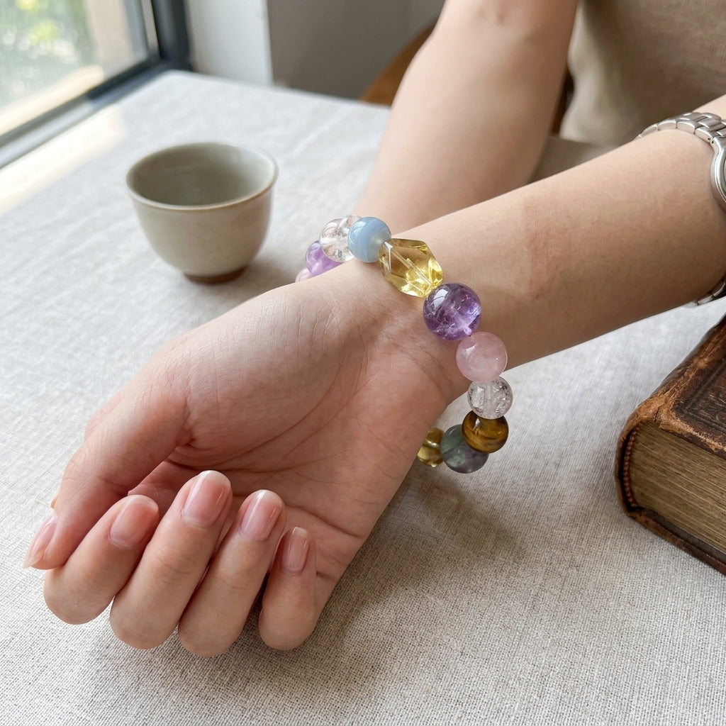 Natural Dopamine Colorful Crystal Bracelet, Chunky Healing Gemstone Jewelry, Citrine Rutilated Clear Quartz 7 Chakra Energy Stone