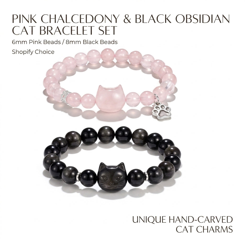 Natural Rose Quartz & Silver Obsidian Cat Charm Bracelet, Black Rutilated Quartz Wealth Stone, Heart & Root Chakra Healing Gift