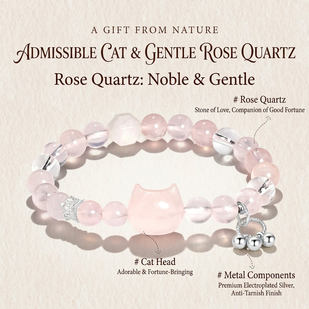 Natural Rose Quartz & Silver Obsidian Cat Charm Bracelet, Black Rutilated Quartz Wealth Stone, Heart & Root Chakra Healing Gift