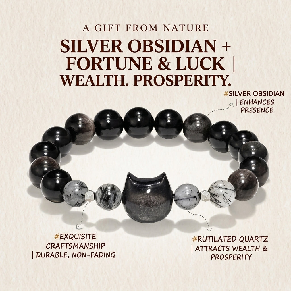 Natural Rose Quartz & Silver Obsidian Cat Charm Bracelet, Black Rutilated Quartz Wealth Stone, Heart & Root Chakra Healing Gift