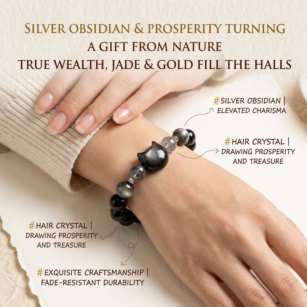 Natural Rose Quartz & Silver Obsidian Cat Charm Bracelet, Black Rutilated Quartz Wealth Stone, Heart & Root Chakra Healing Gift