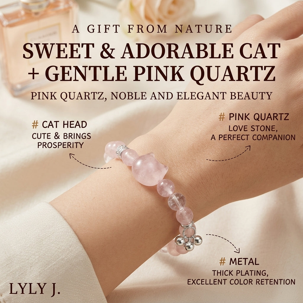 Natural Rose Quartz & Silver Obsidian Cat Charm Bracelet, Black Rutilated Quartz Wealth Stone, Heart & Root Chakra Healing Gift