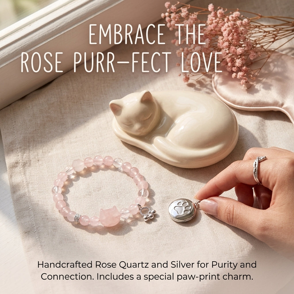 Natural Rose Quartz & Silver Obsidian Cat Charm Bracelet, Black Rutilated Quartz Wealth Stone, Heart & Root Chakra Healing Gift