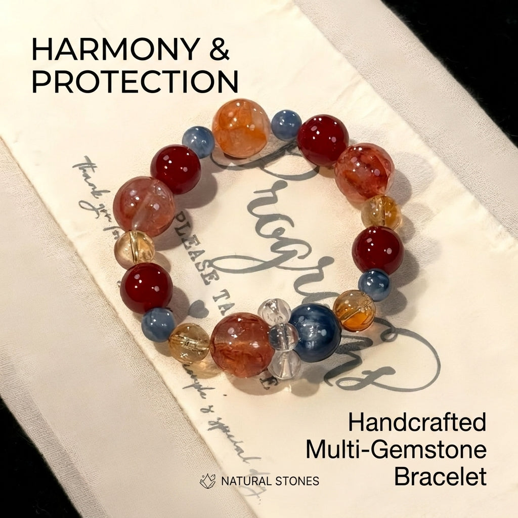 Dunhuang Sunset Crystal Bracelet, Natural Blue Kyanite Red Agate Yellow Phantom Quartz Energy Jewelry, 8-12mm Boho Healing Wristlet