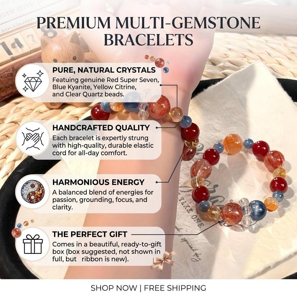 Dunhuang Sunset Crystal Bracelet, Natural Blue Kyanite Red Agate Yellow Phantom Quartz Energy Jewelry, 8-12mm Boho Healing Wristlet