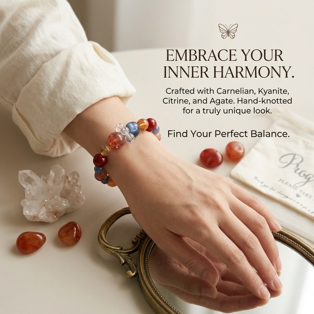 Dunhuang Sunset Crystal Bracelet, Natural Blue Kyanite Red Agate Yellow Phantom Quartz Energy Jewelry, 8-12mm Boho Healing Wristlet