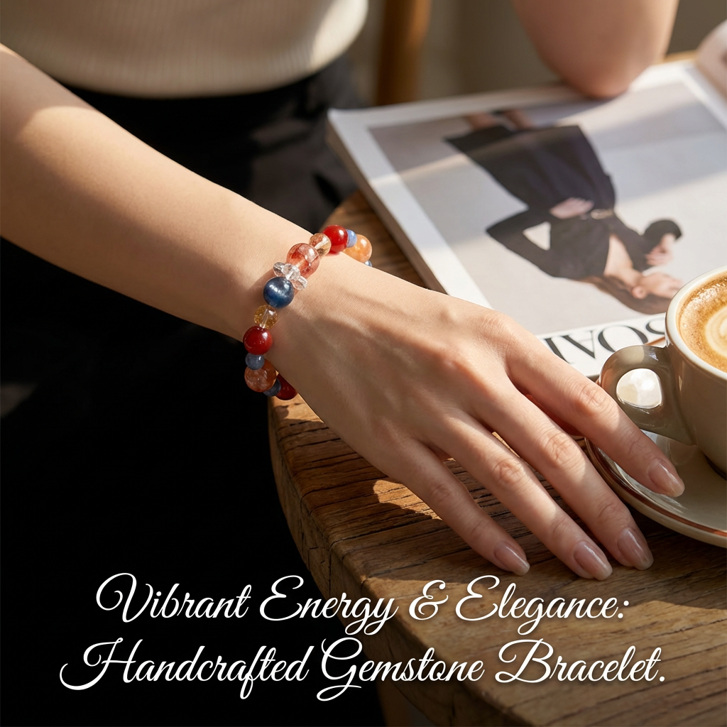 Dunhuang Sunset Crystal Bracelet, Natural Blue Kyanite Red Agate Yellow Phantom Quartz Energy Jewelry, 8-12mm Boho Healing Wristlet