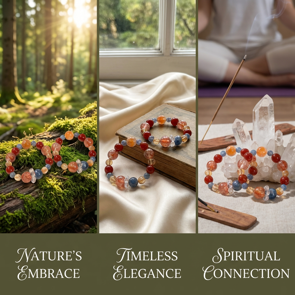 Dunhuang Sunset Crystal Bracelet, Natural Blue Kyanite Red Agate Yellow Phantom Quartz Energy Jewelry, 8-12mm Boho Healing Wristlet