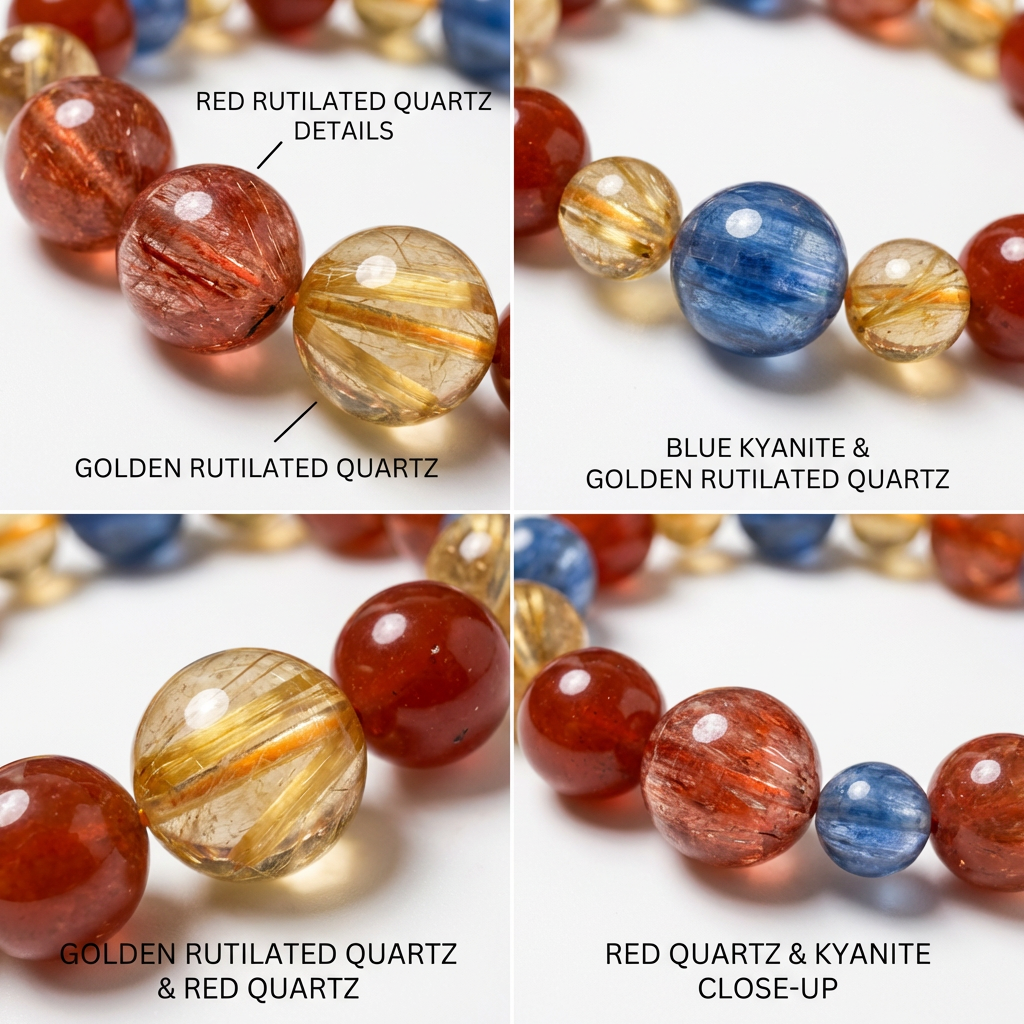 Dunhuang Sunset Crystal Bracelet, Natural Blue Kyanite Red Agate Yellow Phantom Quartz Energy Jewelry, 8-12mm Boho Healing Wristlet