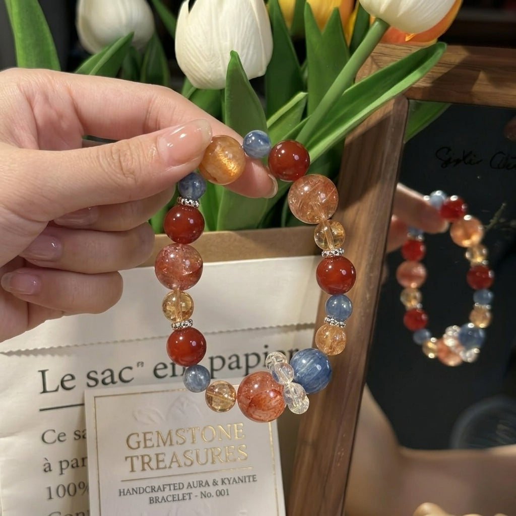 Dunhuang Sunset Crystal Bracelet, Natural Blue Kyanite Red Agate Yellow Phantom Quartz Energy Jewelry, 8-12mm Boho Healing Wristlet